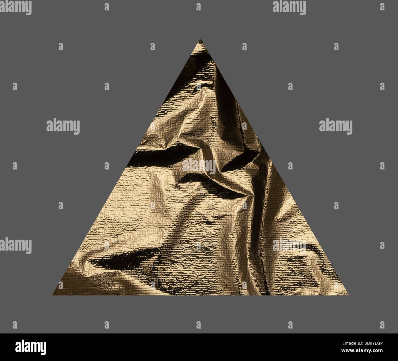 Forma triangolare in oro con texture metallizzata goffrata e goffrata, finitura lussuosa e lucida, ricche tonalità di ottone e bronzo, elegante figura geometrica, iso Foto Stock