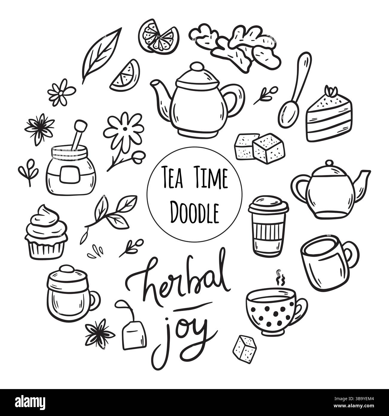 Tè alle erbe Doodles. Icone della linea minimalista con rituali e ingredienti per il tè Illustrazione Vettoriale
