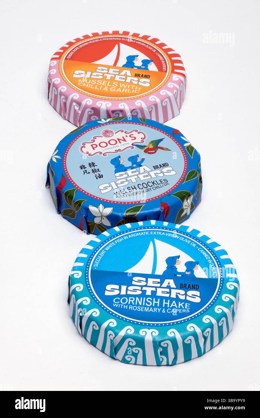 Tre barattoli di Sea Sisters Brand British Conservas Seafood su sfondo bianco Foto Stock