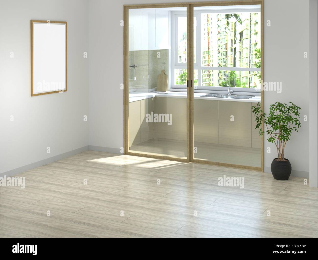 Rappresentazione 3d della stanza interna vuota. Design moderno degli interni. Vista frontale Foto Stock Rappresentazione 3d della stanza interna vuota. Design moderno degli interni. Vista frontale Foto Stock