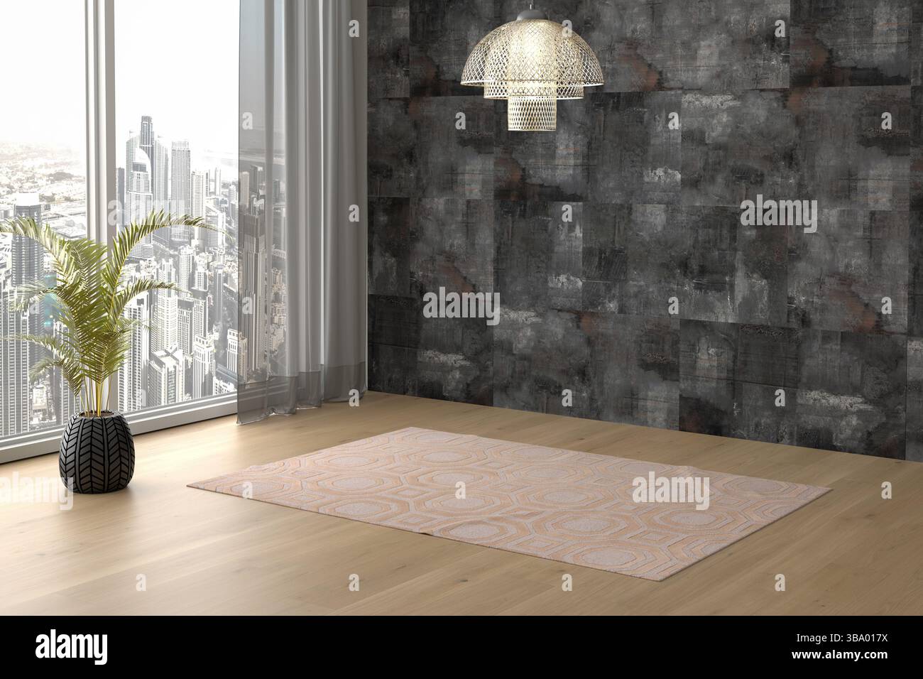 Rendering 3D degli interni moderni di una stanza vuota. Plant pot. Pavimento in parquet Foto Stock