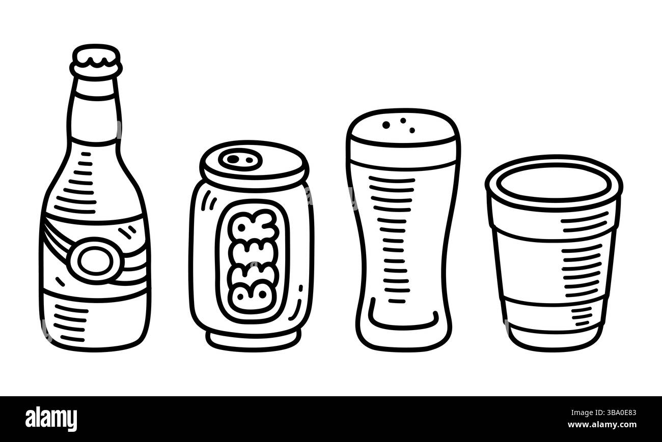 Set di spaghetti per birra: Bottiglia di birra, barattolo in alluminio, bicchiere in vetro e tazza in plastica. Carino cartone animato disegnato a mano. Illustrazione vettoriale isolata. Illustrazione Vettoriale