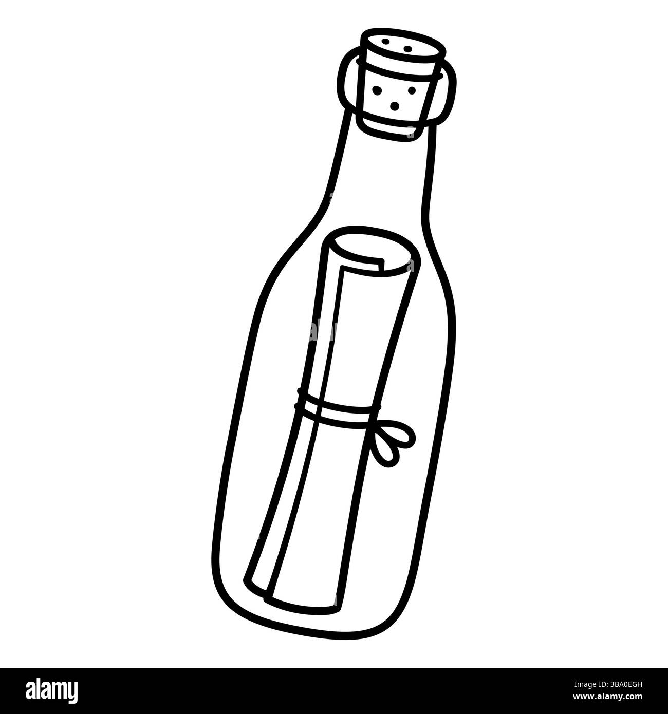 Messaggio nel disegno di una bottiglia. Disegni a linee in bianco e nero, semplice illustrazione vettoriale disegnata a mano. Illustrazione Vettoriale