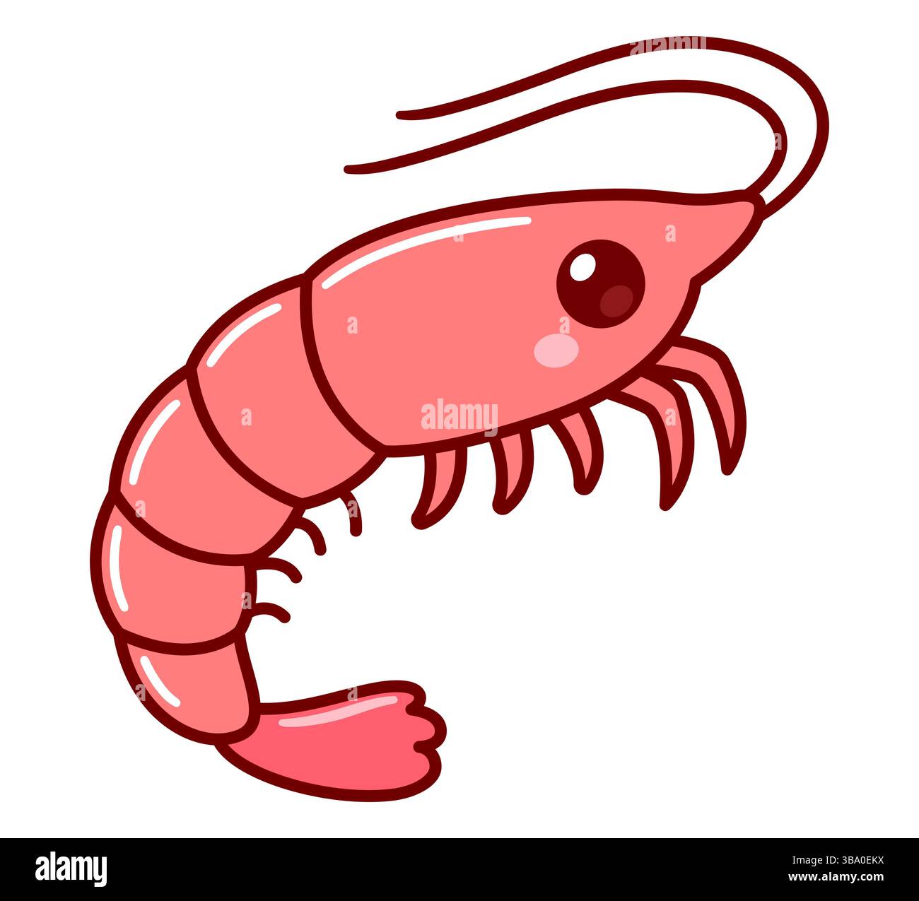 Carino disegno di gamberi a cartoni animati. Illustrazione grafica della clip vettoriale dei gamberetti rosa Kawaii. Illustrazione Vettoriale