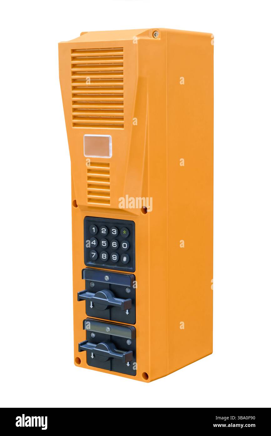 Pannello arancione per comunicazioni di emergenza resistente ai danni, interfono, isolato su sfondo bianco Foto Stock