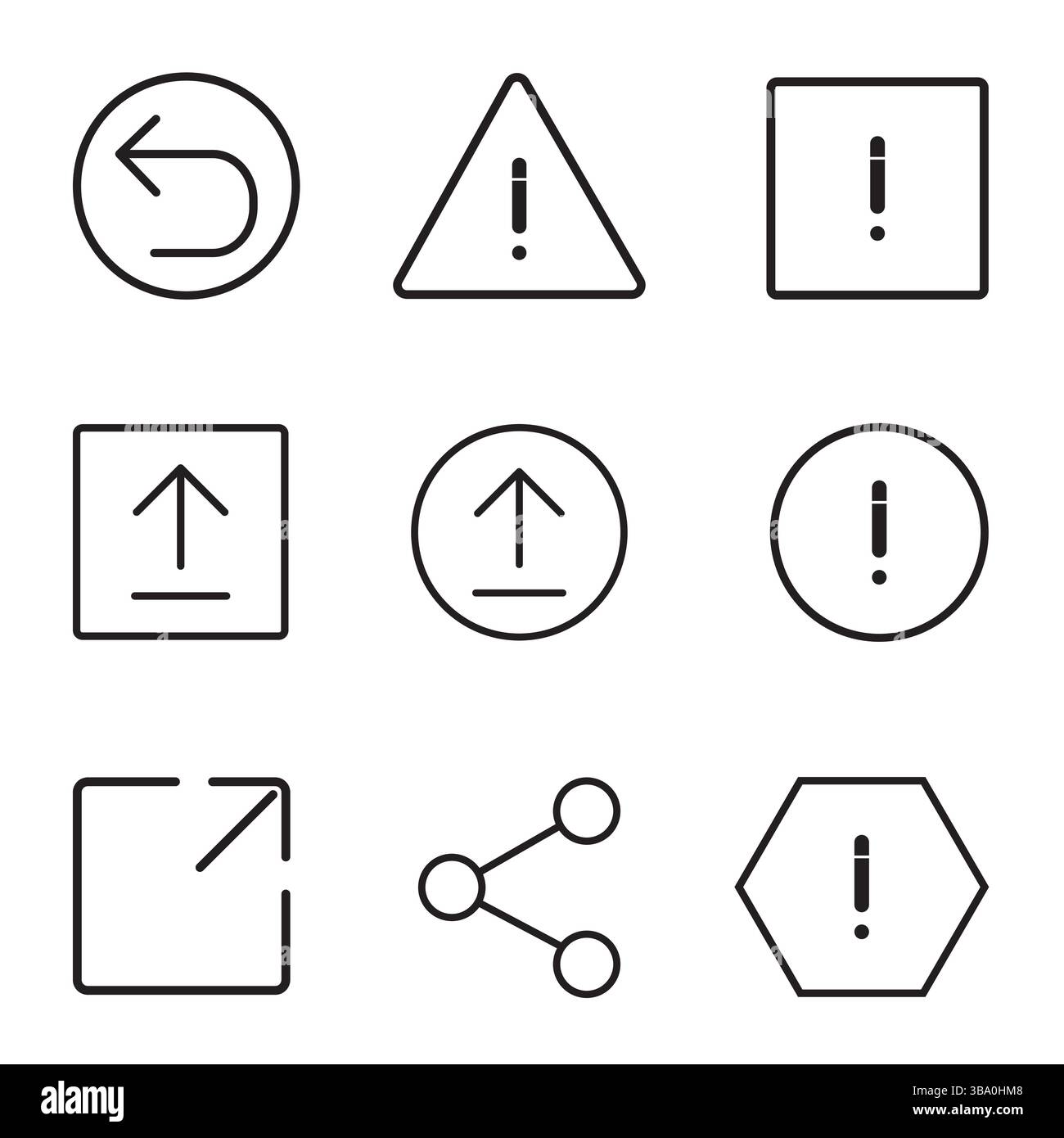 Icone di avvertenza e azione minimalista impostate Illustrazione Vettoriale