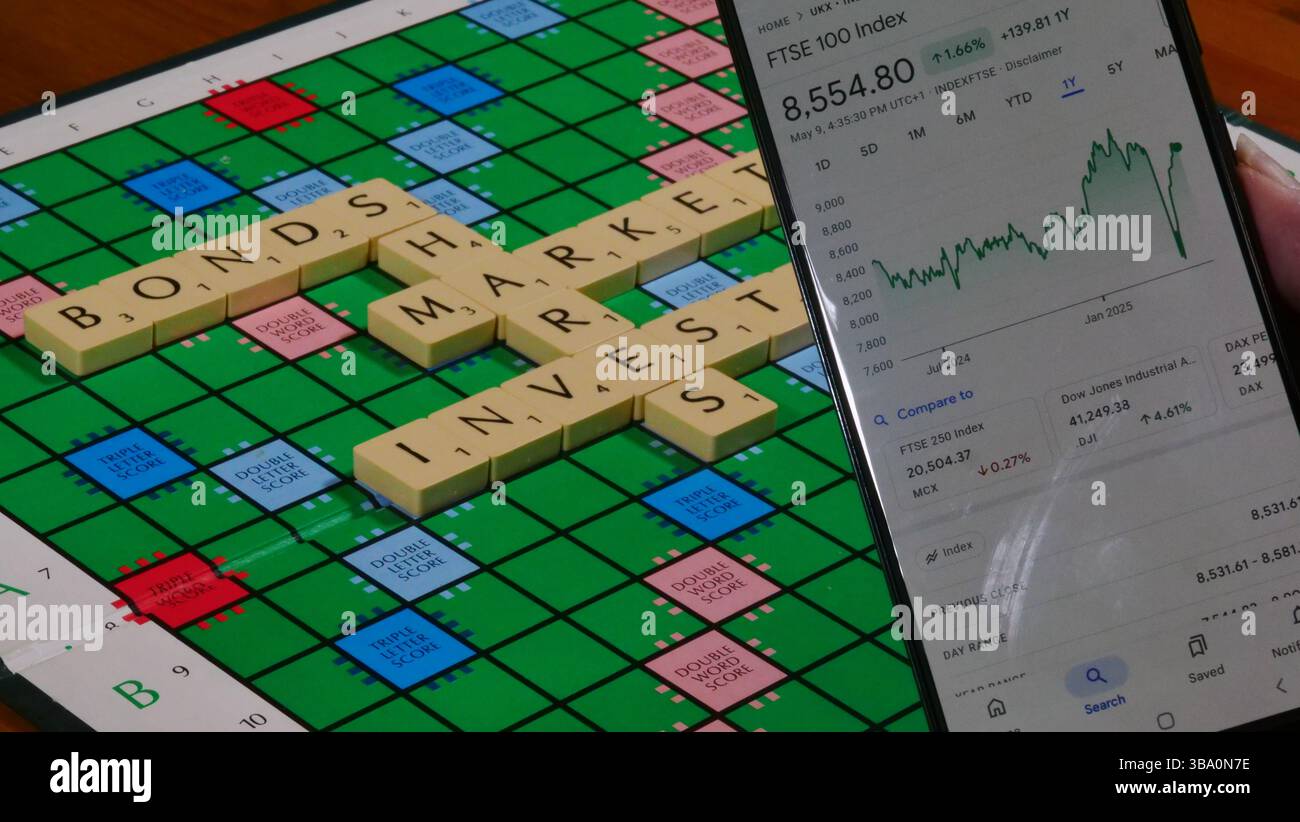 Il concetto di investimento è illustrato con le parole obbligazioni, azioni, investimenti riportate in una lavagna di Scrabble Foto Stock