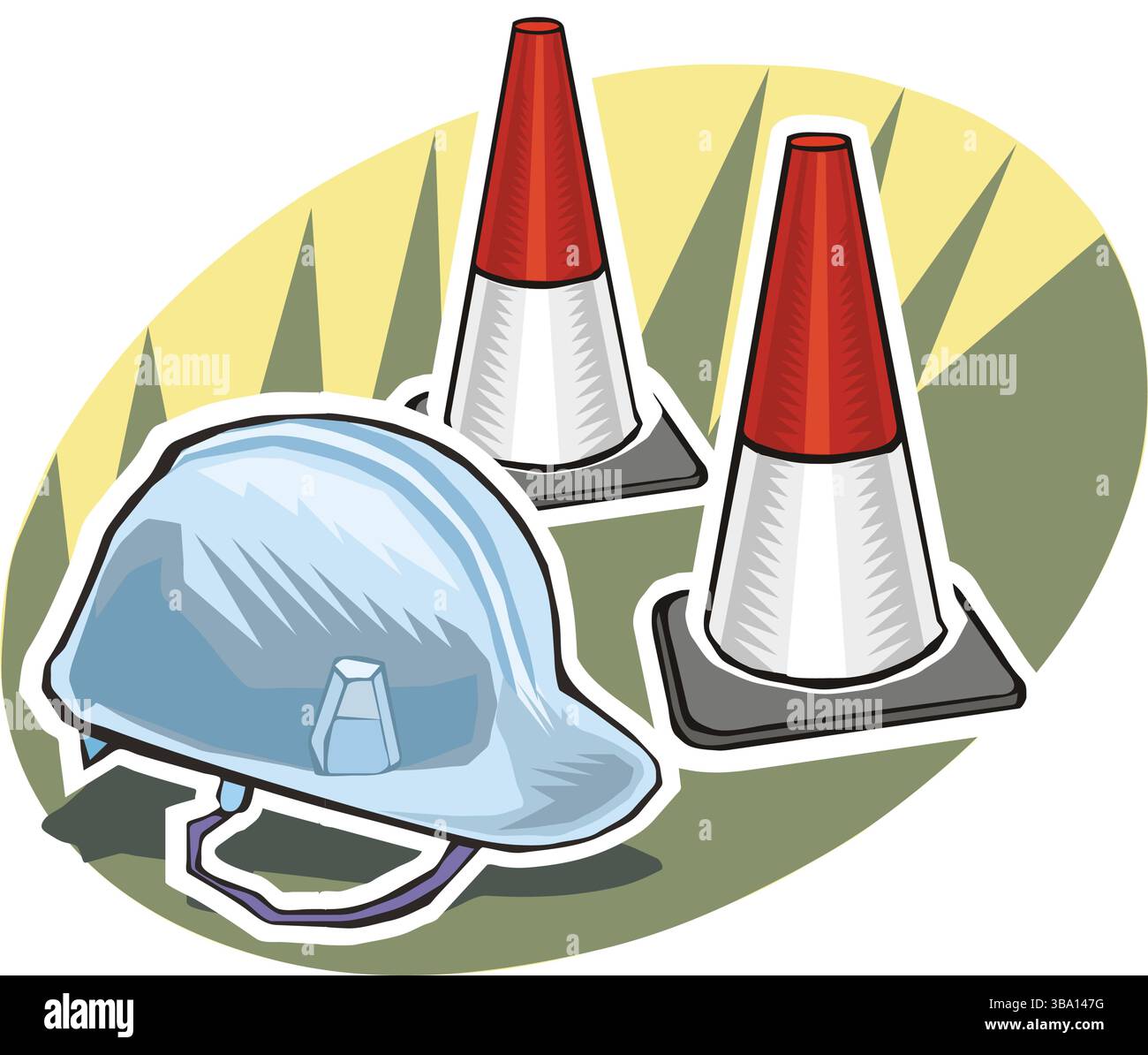 Un'illustrazione colorata con un elmetto blu e due coni stradali rossi e bianchi Illustrazione Vettoriale