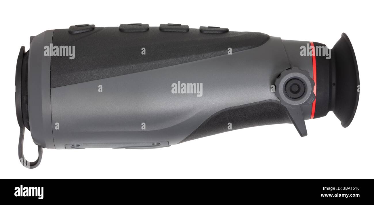 Monoculare che utilizza la tecnologia termica per consentire agli utenti di vedere in totale oscurità vista in largo e isolata su uno sfondo bianco nitido. Foto Stock