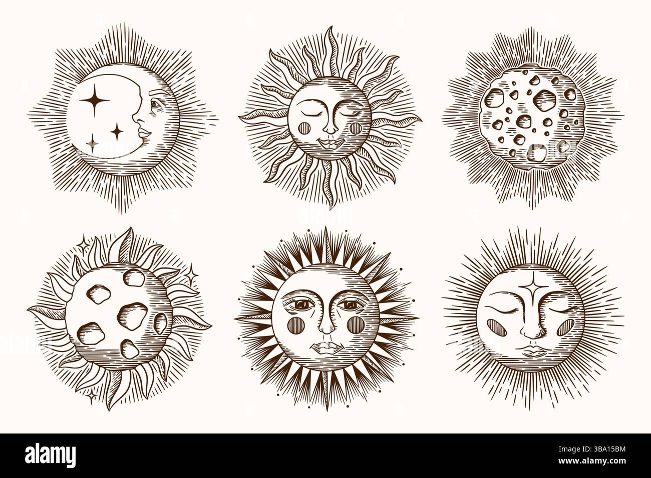 Faccia della luna solare. Disegnato a mano il vecchio schizzo della notte del giorno in antico stile retrò, tatuaggio astrologico con mezzaluna d'inchiostro. Elementi decorativi isolati disegnati a mano. Pianeti nello spazio, simboli vettoriali in stile bohémien Illustrazione Vettoriale