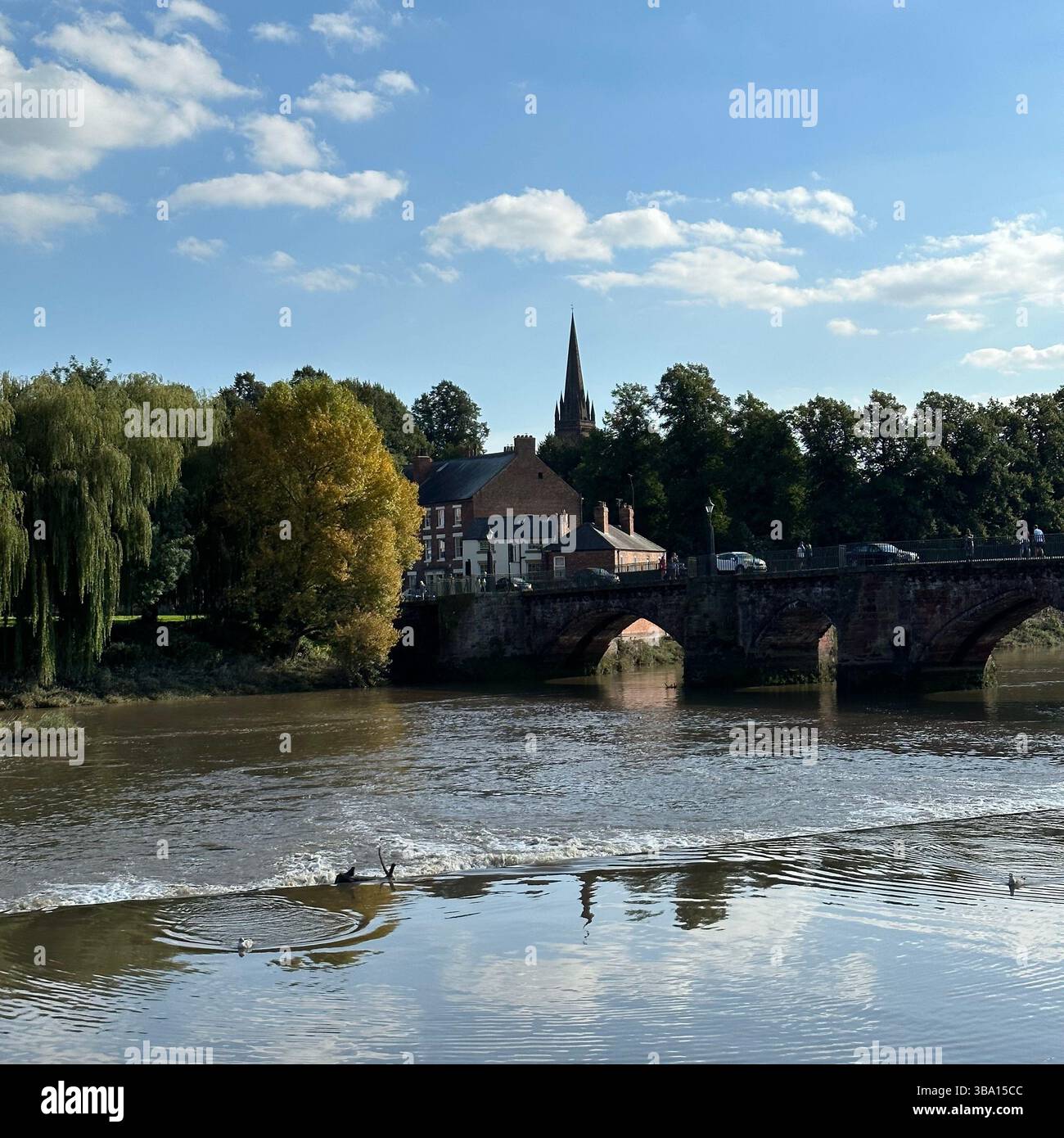 Vista sul fiume Dee a Chester verso Handbridge, con weir, ponte, chiesa, edifici storici, alberi e cielo blu. Inghilterra, Regno Unito. - Immagine stock catturata con smartphone
