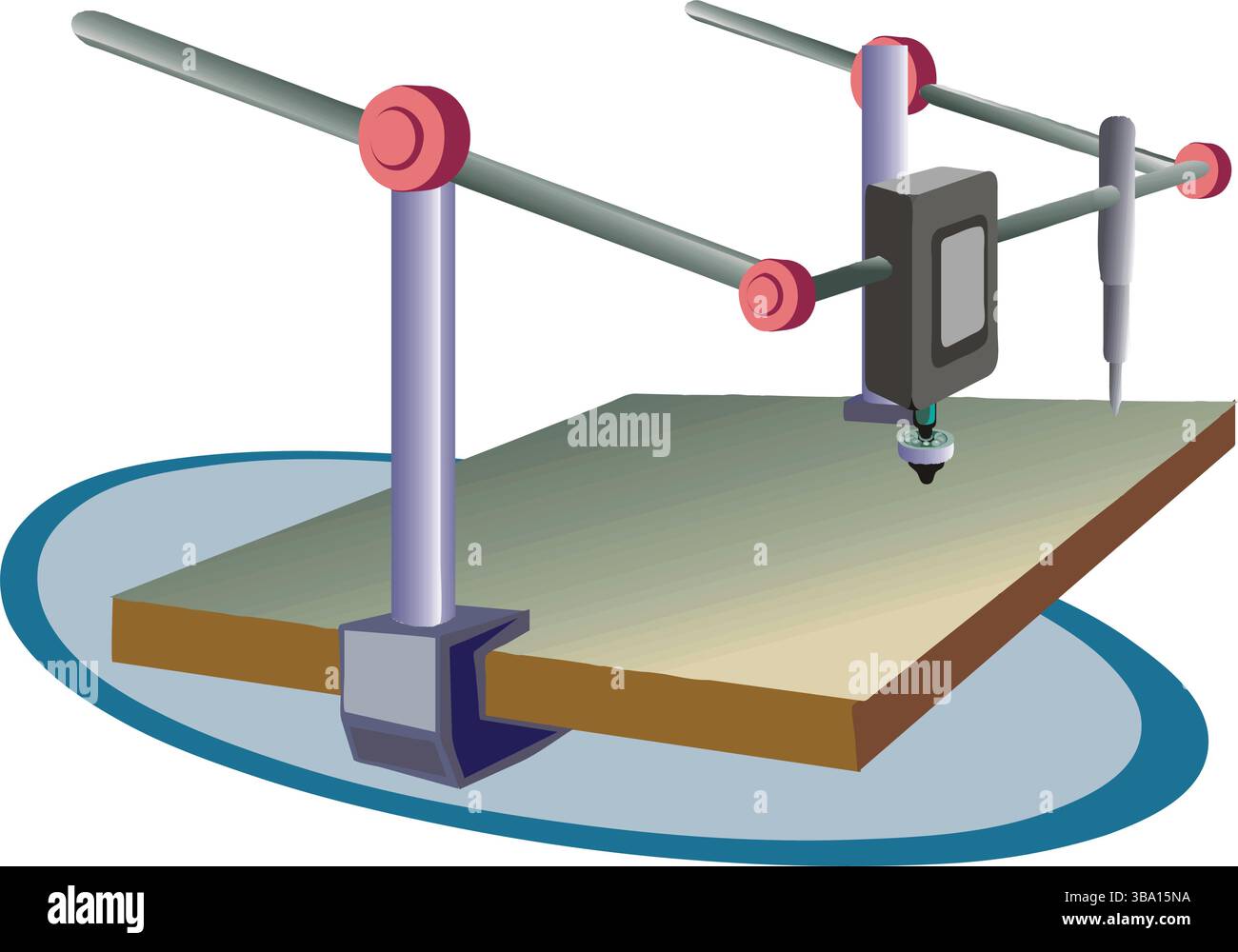 Un'illustrazione colorata di una macchina per pantografi in legno e metallo con supporti viola, giunti rossi e uno stilo grigio Illustrazione Vettoriale