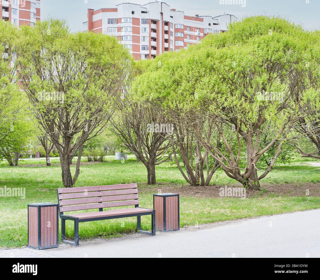 Moderno parco con panchina in legno tra due cestini della spazzatura su un sentiero lastricato, circondato da lussureggianti alberi verdi ed edifici residenziali sullo sfondo. Foto Stock