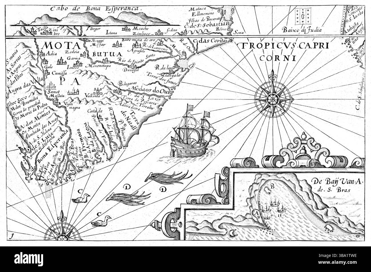 Una vecchia mappa dettagliata che mostra i bellissimi Caraibi, illustrando le navi e le varie caratteristiche geografiche Foto Stock