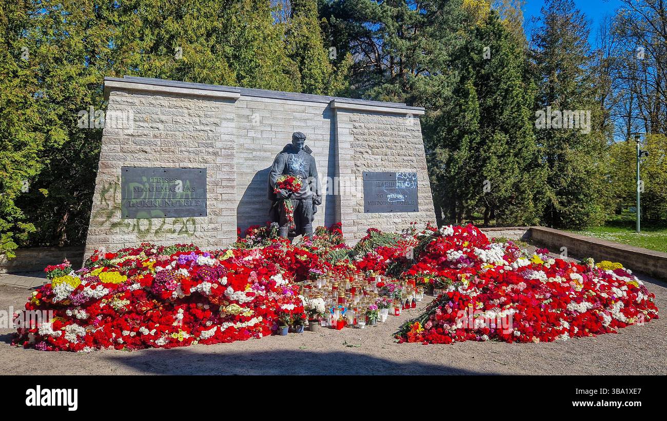 Controverso memoriale di guerra sovietico della seconda guerra mondiale a Tallinn. Il 9 maggio, molti russi etnici in Estonia, commemorano il giorno della Vittoria portando fiori rossi. - Immagine stock catturata con smartphone