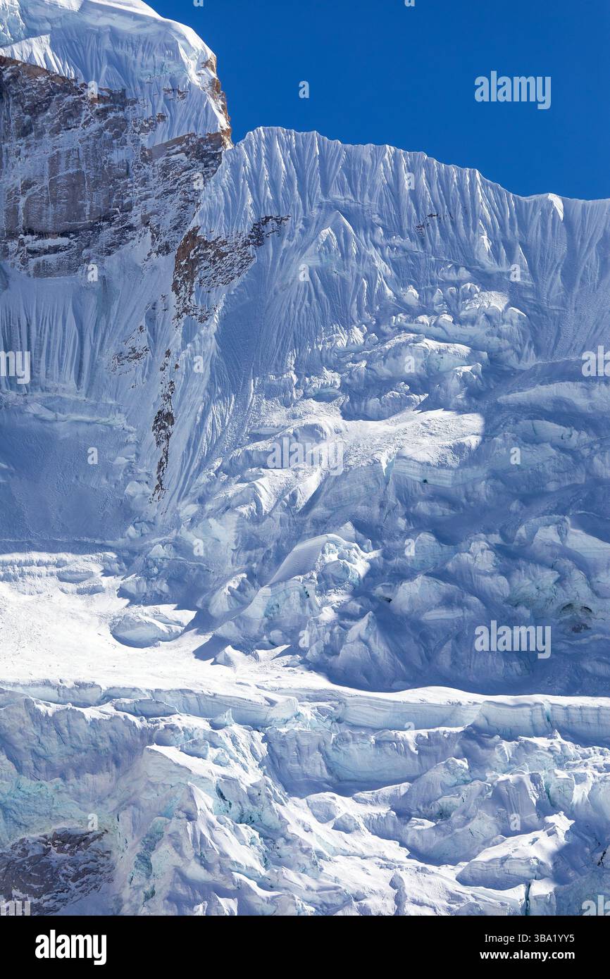 Seraci glaciali sul monte Nuptse, ghiacciai Nountain, vista dal campeggio base del monte Everest, pendio di ghiaccio, montagna Nepal Himalaya Foto Stock