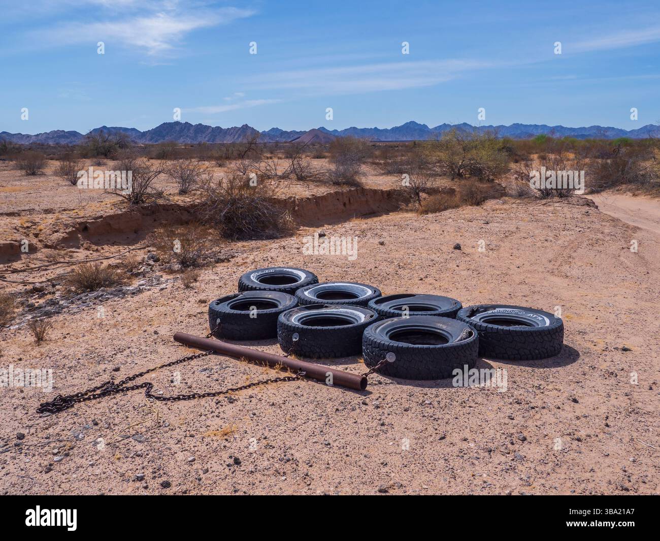 Pneumatici della Border Patrol per levigare la carreggiata, El Camino del Diablo, Arizona. Foto Stock