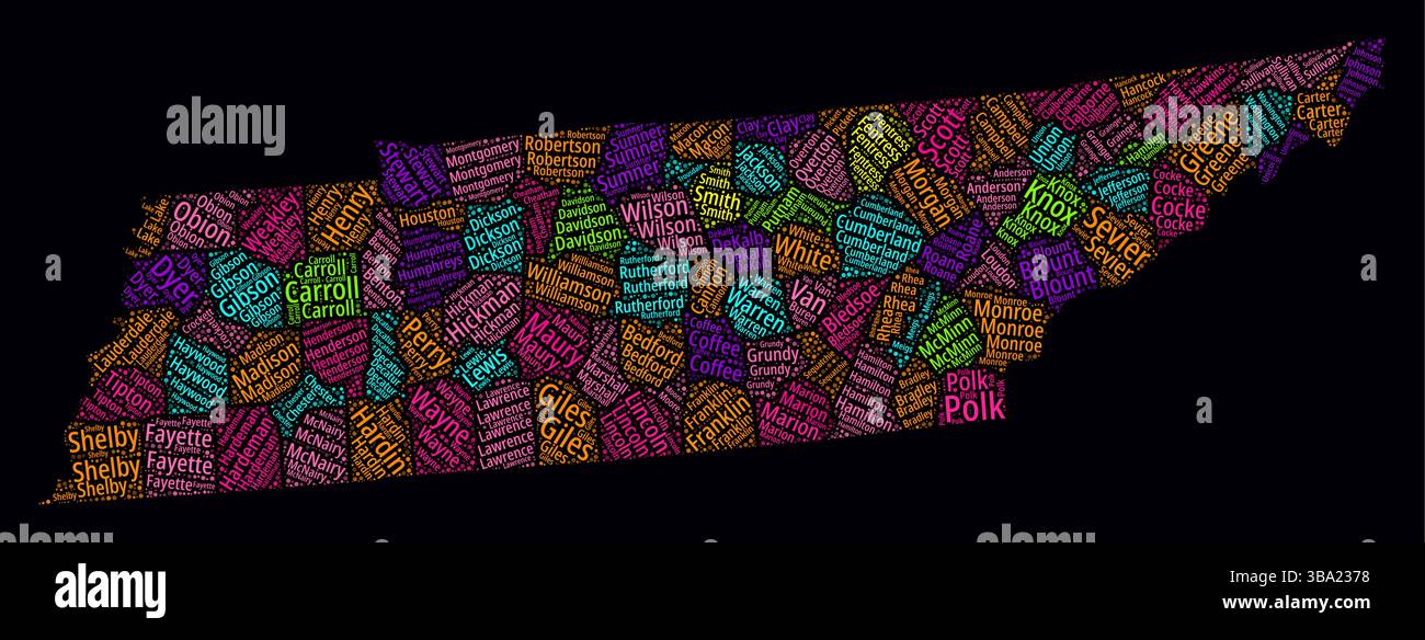 Tennessee Word Cloud. Design luminoso in stile neon su sfondo scuro. Fumetto di testo nomi regione. Forma di delimitazione con divisione amministrativa. Illustrazione Vettoriale