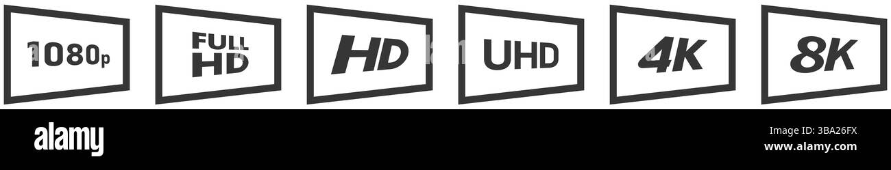 Impostazione delle icone di risoluzione del display del televisore o dello schermo - nero semplice e rettangoli bianchi inclinati con testo all'interno Foto Stock