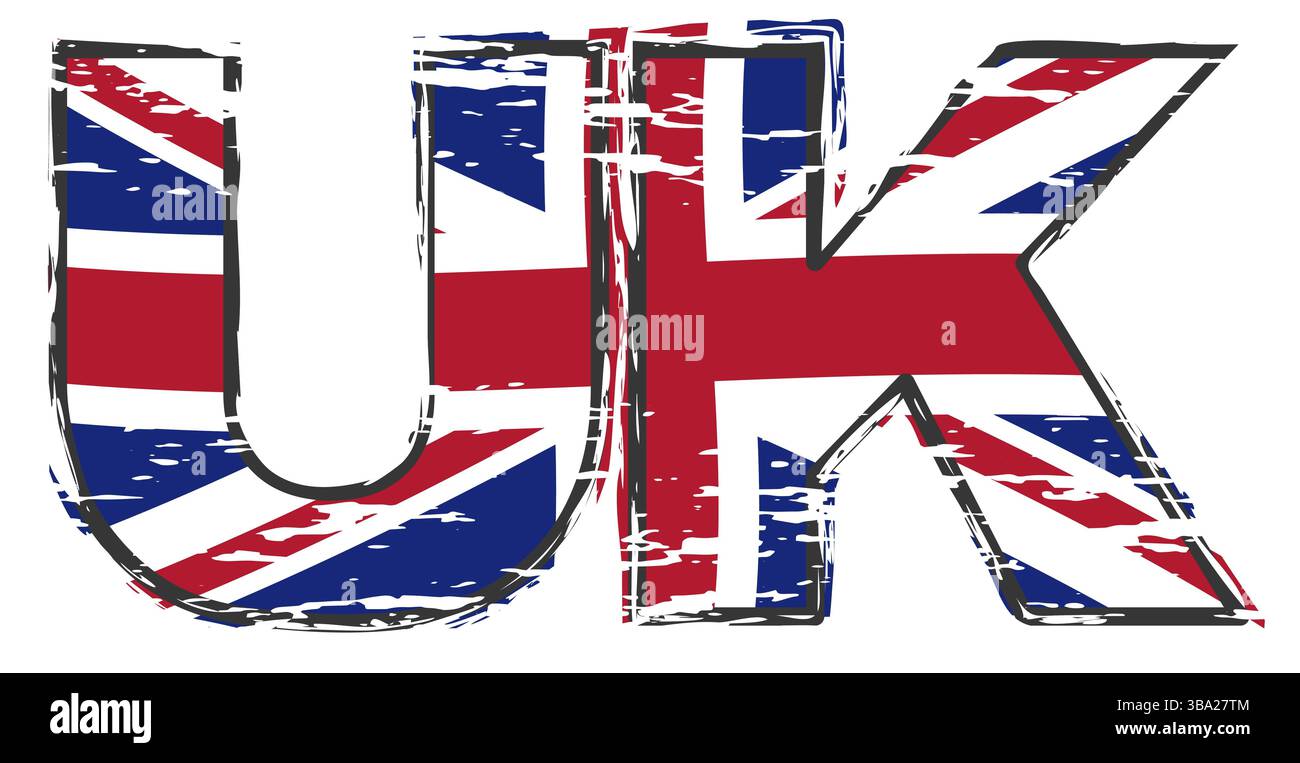 Lettere UK con la bandiera britannica Union Jack sotto di essa, look grunge in angoscia Foto Stock