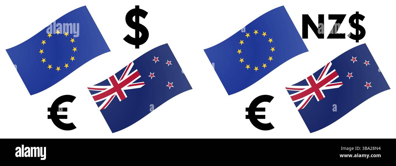 Illustrazione vettoriale della coppia di valute forex EURNZD. Bandiera dell'Unione europea e della nuova Zelanda, con il simbolo dell'euro e del dollaro Foto Stock