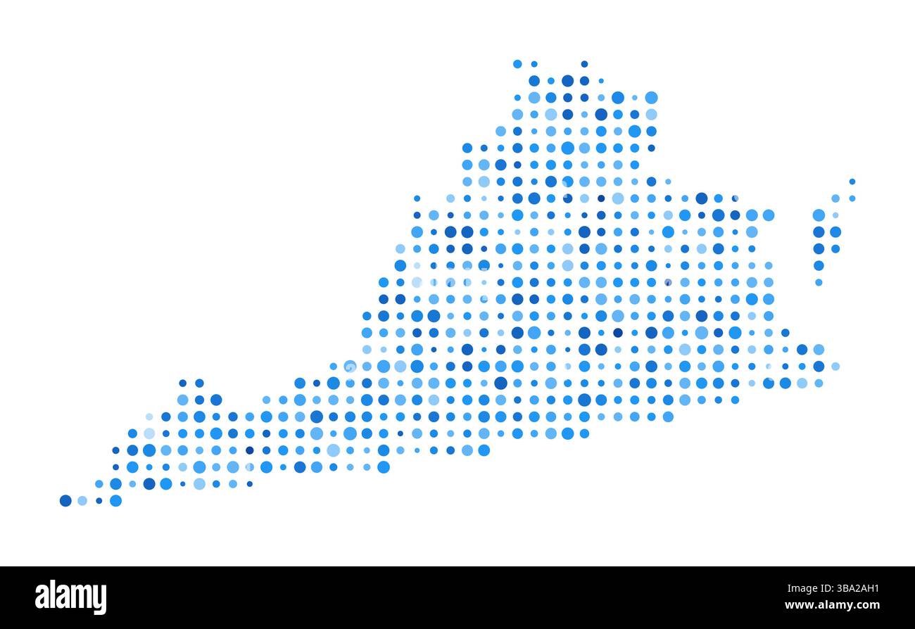 Virginia Dot Map. Forma digitale dello stato DEGLI STATI UNITI. Immagine vettoriale Virginia. Punti circolari blu a forma di stato STATUNITENSE. Elegante illustrazione vettoriale. Illustrazione Vettoriale