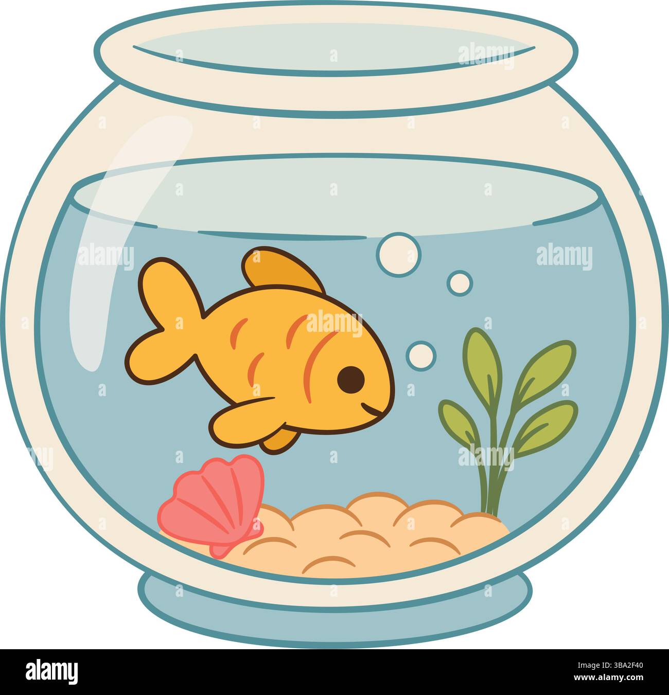 Pesce rosso nell'acquario. Acquario con pesci d'oro. Icona isolata in stile piatto disegnata a mano. Perfetto per libri per bambini, siti Web, cura degli animali domestici, biglietti d'auguri, negozi di animali domestici, adesivi. Illustrazione vettoriale Illustrazione Vettoriale