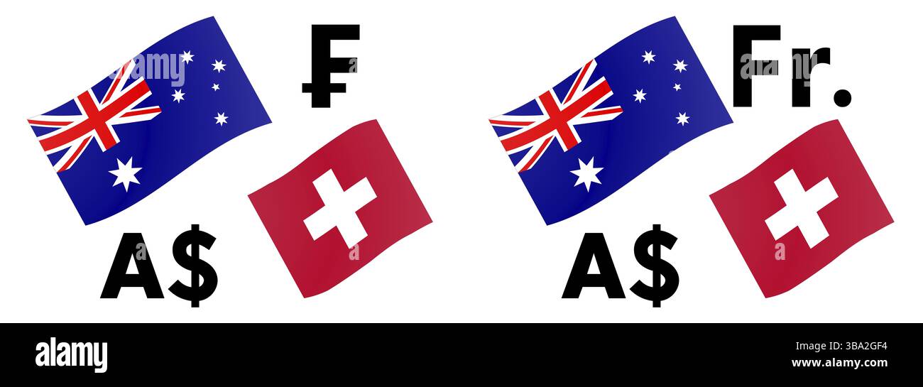 Illustrazione vettoriale della coppia di valute forex AUDCHF. Bandiera australiana e svizzera, con il simbolo del dollaro e del franco Foto Stock
