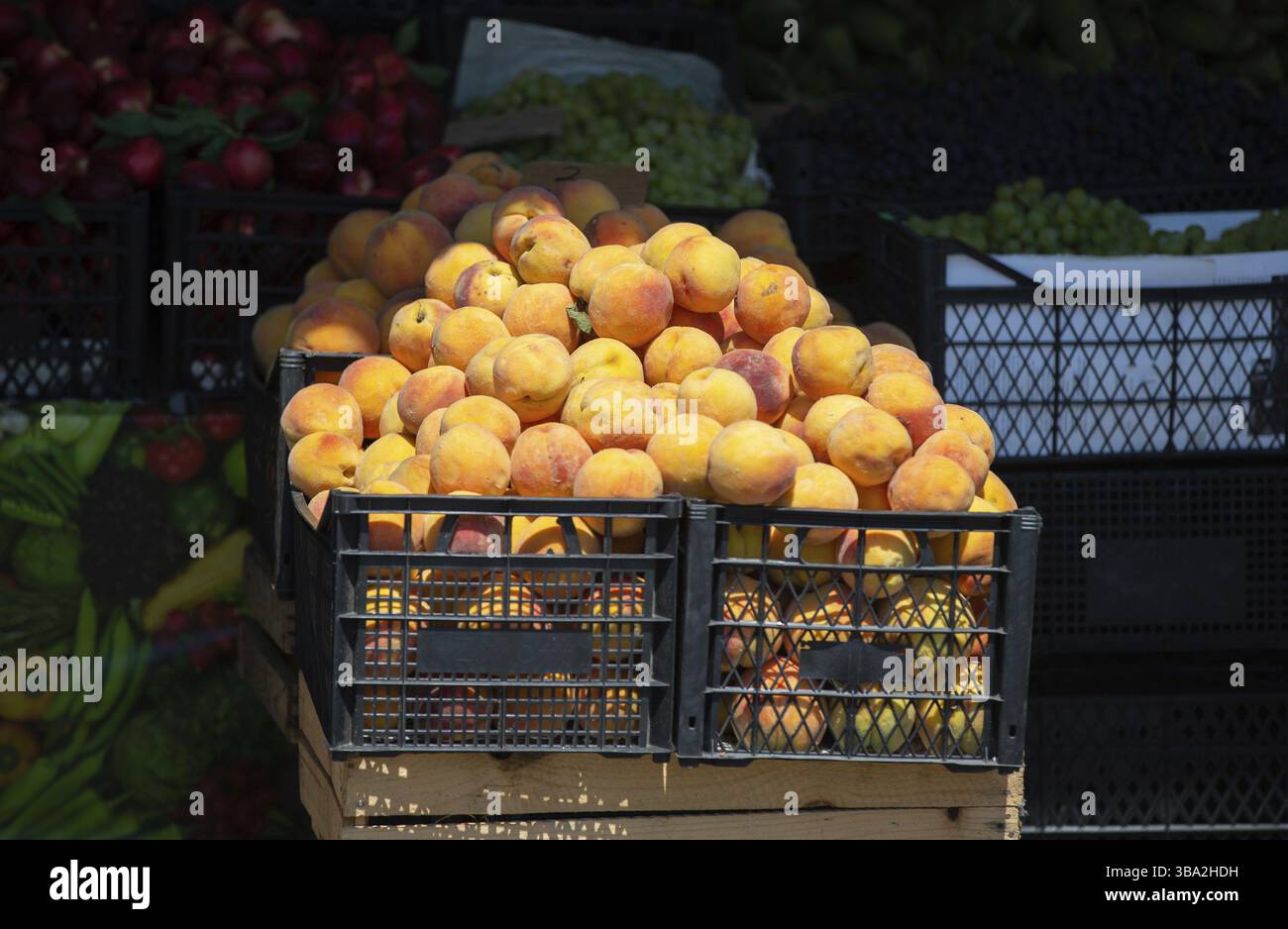 Albicocche troppo mature in una scatola in vendita. Frutta estiva sul mercato Foto Stock