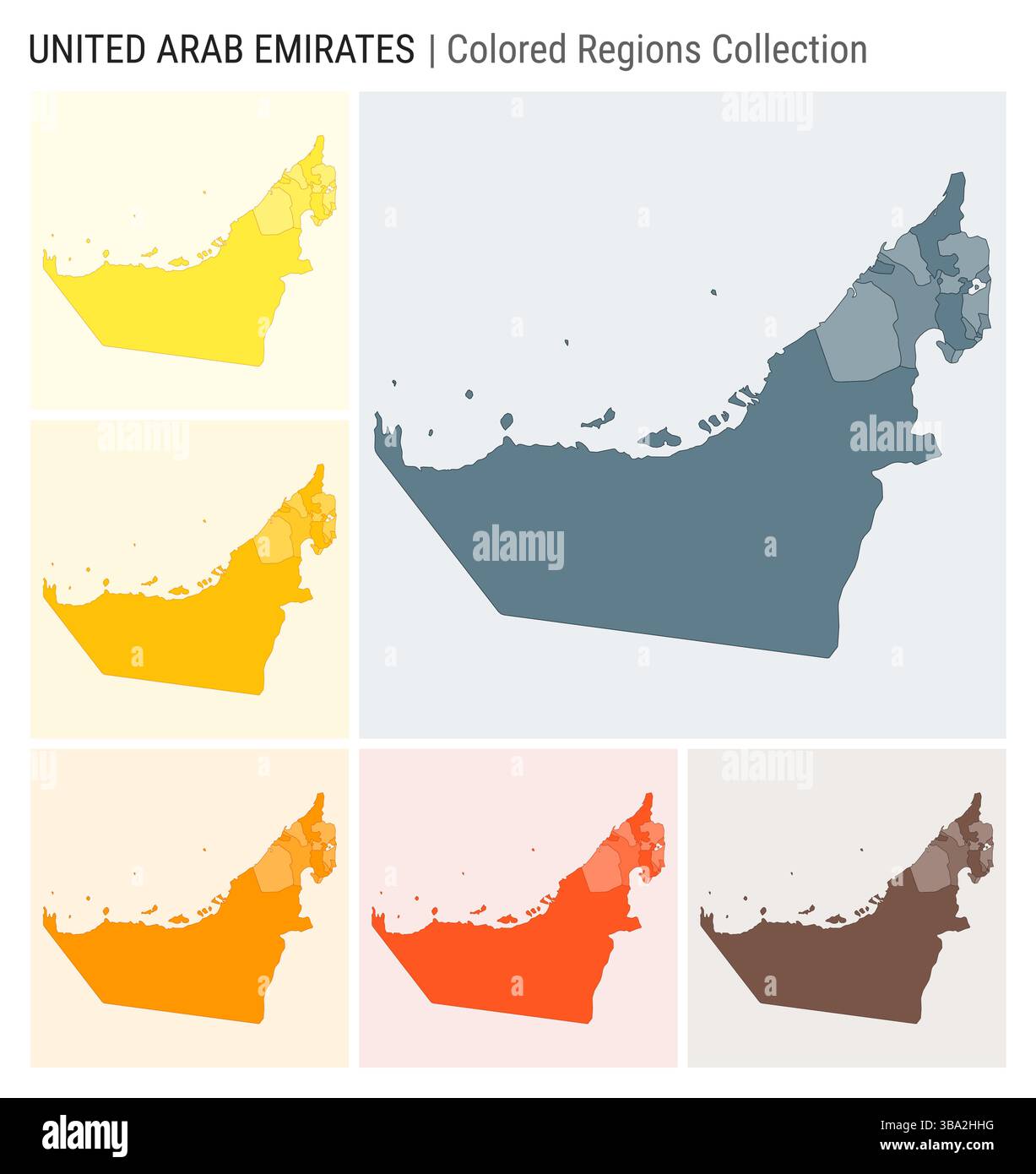 Raccolta di mappe degli Emirati Arabi Uniti. Forma del paese con regioni colorate. Blu, grigio, giallo, ambra, arancione, tavolozze di colore arancione intenso, marrone. Illustrazione Vettoriale
