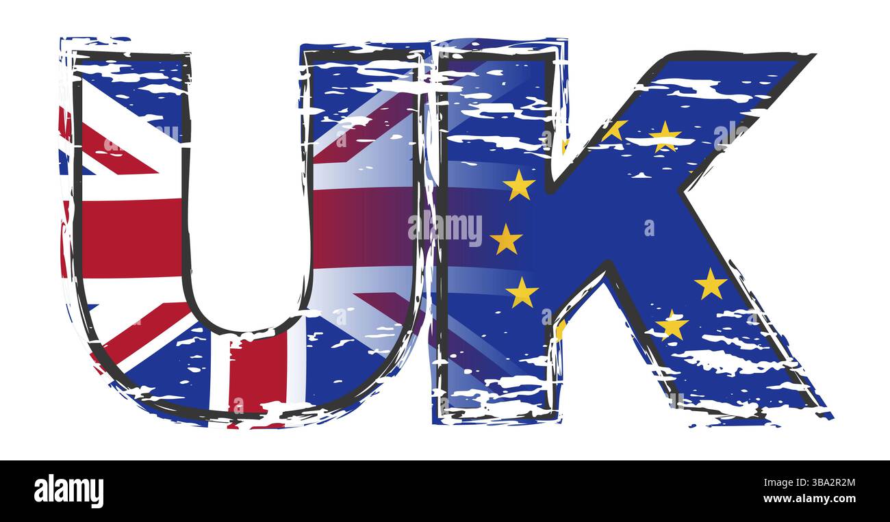 Lettere UK con Union Jack e bandiera UE sotto di esso, look grunge in angoscia Foto Stock