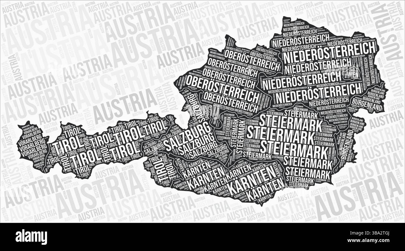Le regioni austriache mappano Word cloud. Nomi delle regioni austriache. Design della mappa in bianco e nero. Elegante illustrazione vettoriale. Illustrazione Vettoriale