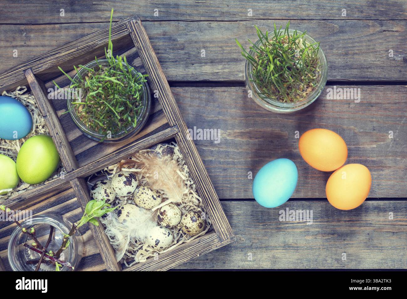 Offerta per le buone vacanze di pasqua. Uova di pollo colorate uova di quaglia frumento germinato in vaso di vetro ramificato di alberi con gemme Foto Stock