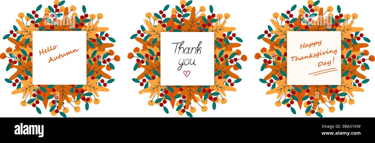Buongiorno Autunno Grazie e buon giorno del Ringraziamento Lettering su pagine Note Autumn Leaves Wreath Set. Illustrazione vettoriale isolata biglietti di auguri biglietti tematici poster o banner promozionale Web, opuscolo, etichetta, tag Illustrazione Vettoriale