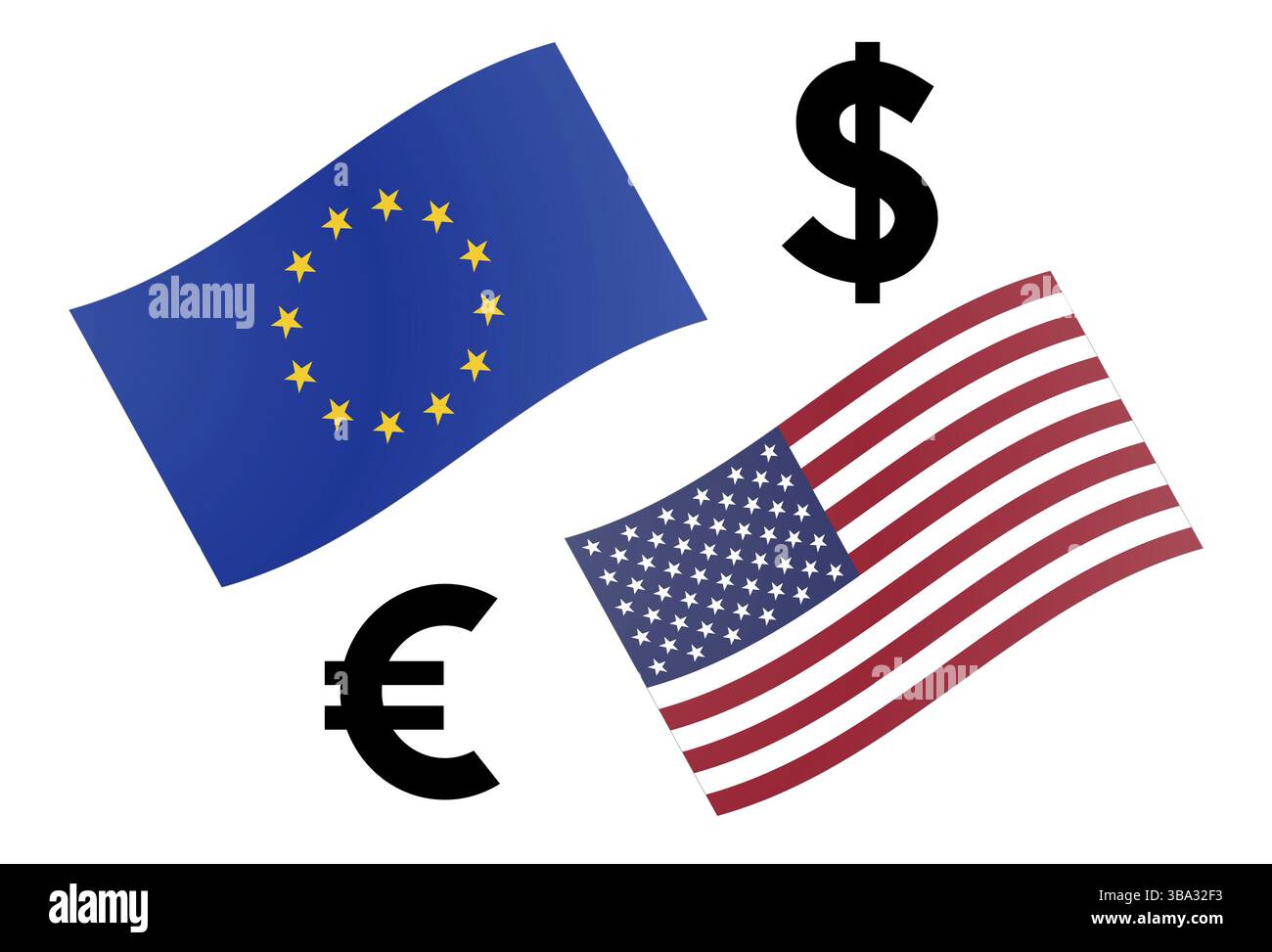 Illustrazione vettoriale della coppia di valute forex EURUSD. Bandiera UE e americana, con simbolo Euro e Dollaro Foto Stock