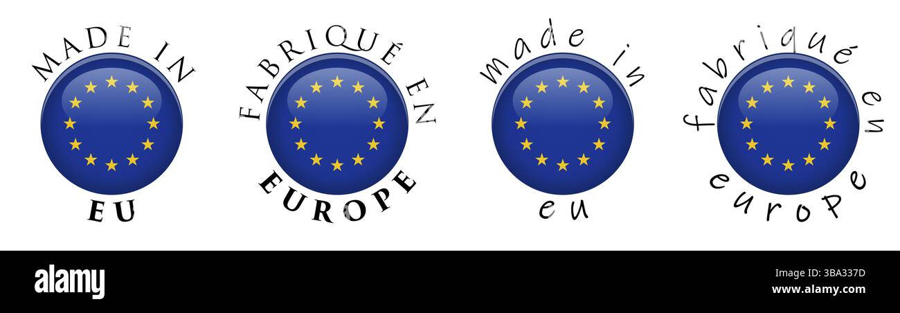 Semplice Made in EU/ Fabrique en Europe (traduzione francese) 3D pulsante segno. Il testo intorno a cerchio con la bandiera dell'Unione europea. Decente e casual versione del font Foto Stock
