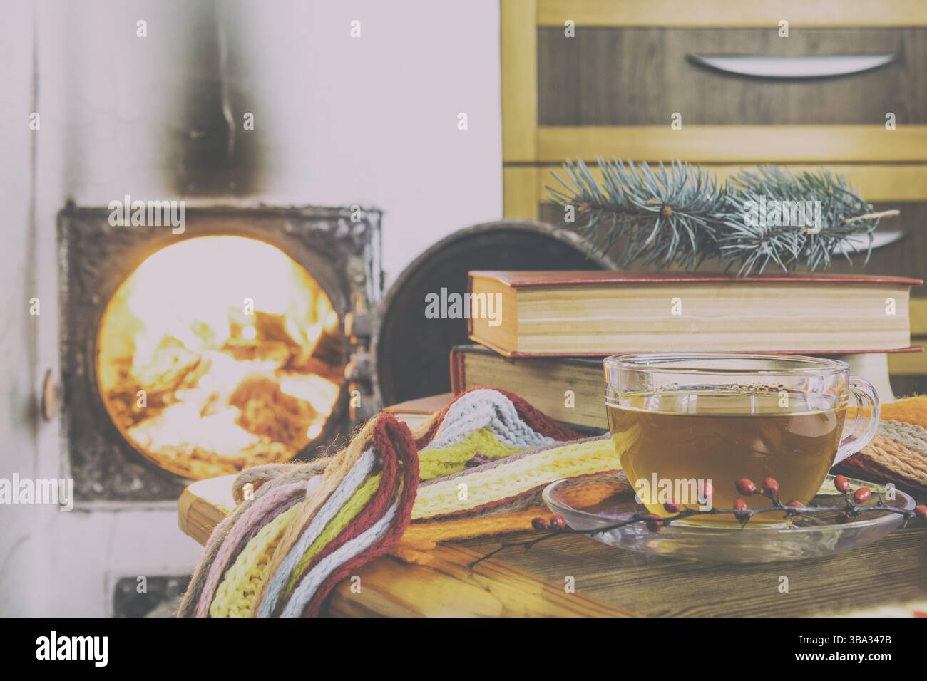 Tazza di tè caldo avvolto in un'accogliente sciarpa invernale a scacchi e libri sul tavolo in camera con fiamme di fuoco in un caminetto. Un concetto di casa accogliente. Colo Foto Stock