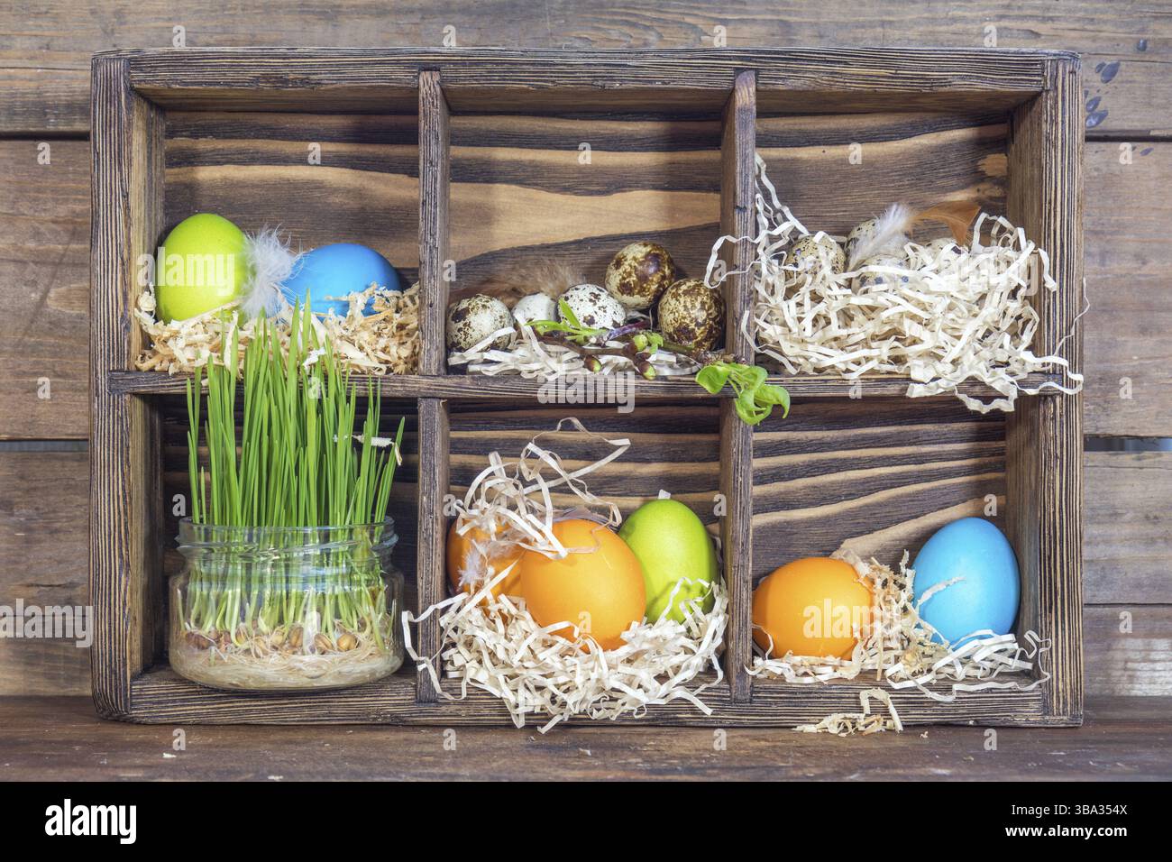 Offerta per le buone vacanze di pasqua. Uova di pollo colorate, uova di quaglia, grano germinato in vaso di vetro, ramo di alberi con gemme in scatola di legno Foto Stock