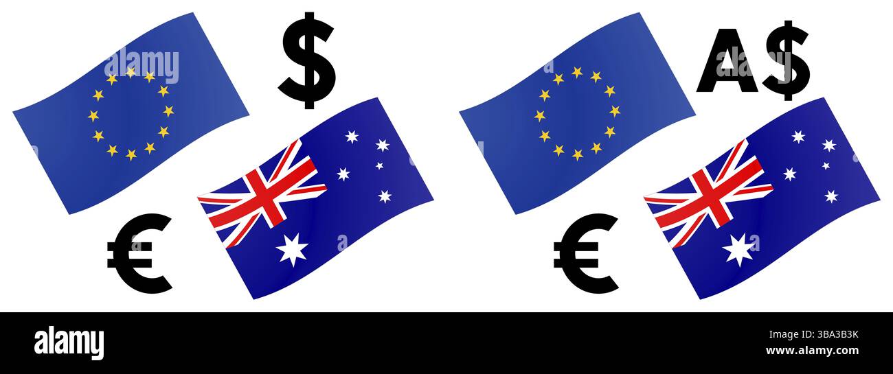 Illustrazione vettoriale della coppia di valute forex EURAUD. Bandiera europea e australiana, con simbolo Euro e Dollaro Foto Stock