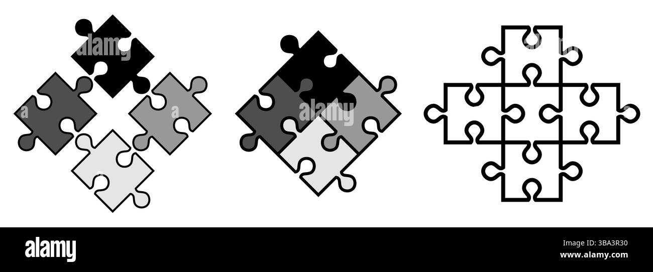 Semplici pezzi di puzzle. Gli oggetti vettoriali si allineano tra loro, lo spessore del contorno e il colore di riempimento possono essere regolati Foto Stock