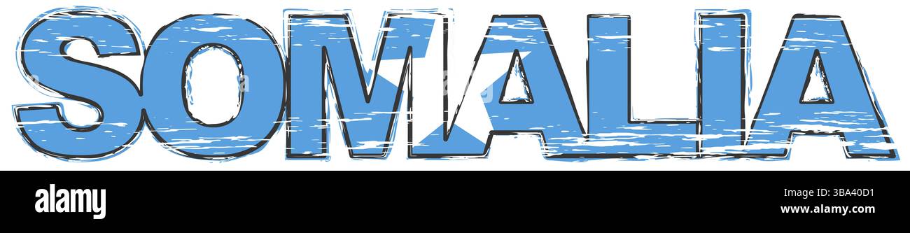 Parola SOMALIA con la bandiera nazionale somala sotto di essa, look grunge in angoscia Foto Stock