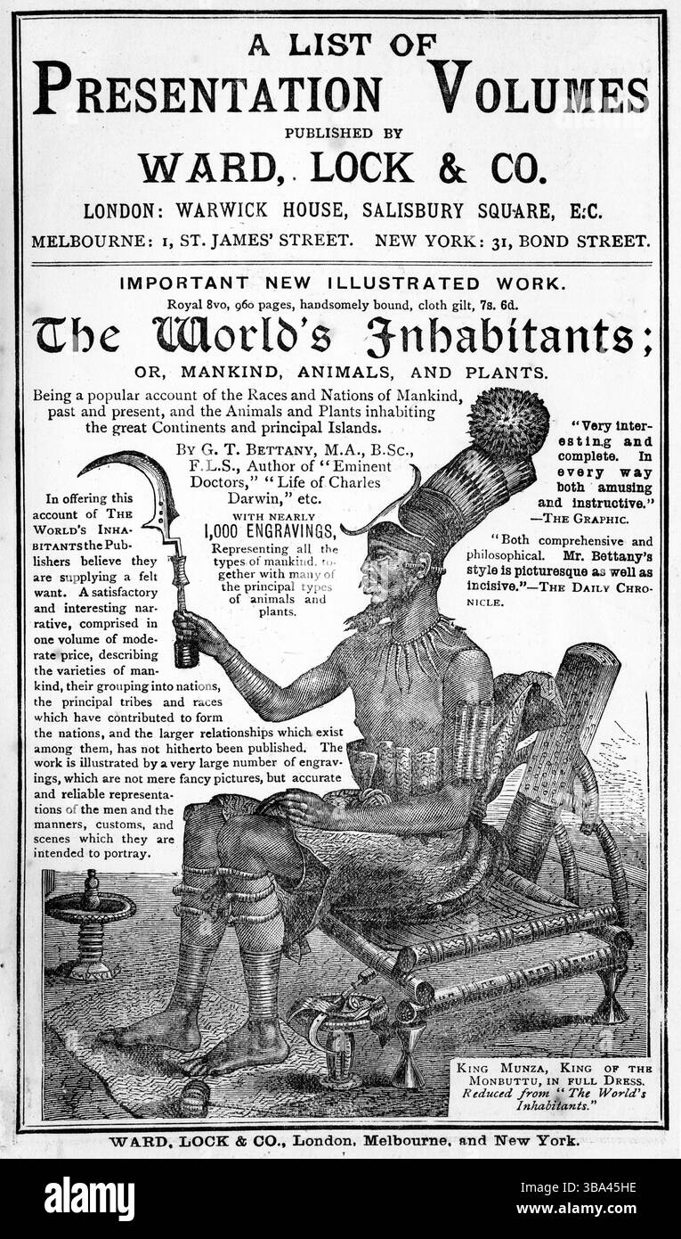 Pubblicità per il libro, The World's Inhabitants, 1890 circa, con un'incisione del faraone egiziano Foto Stock