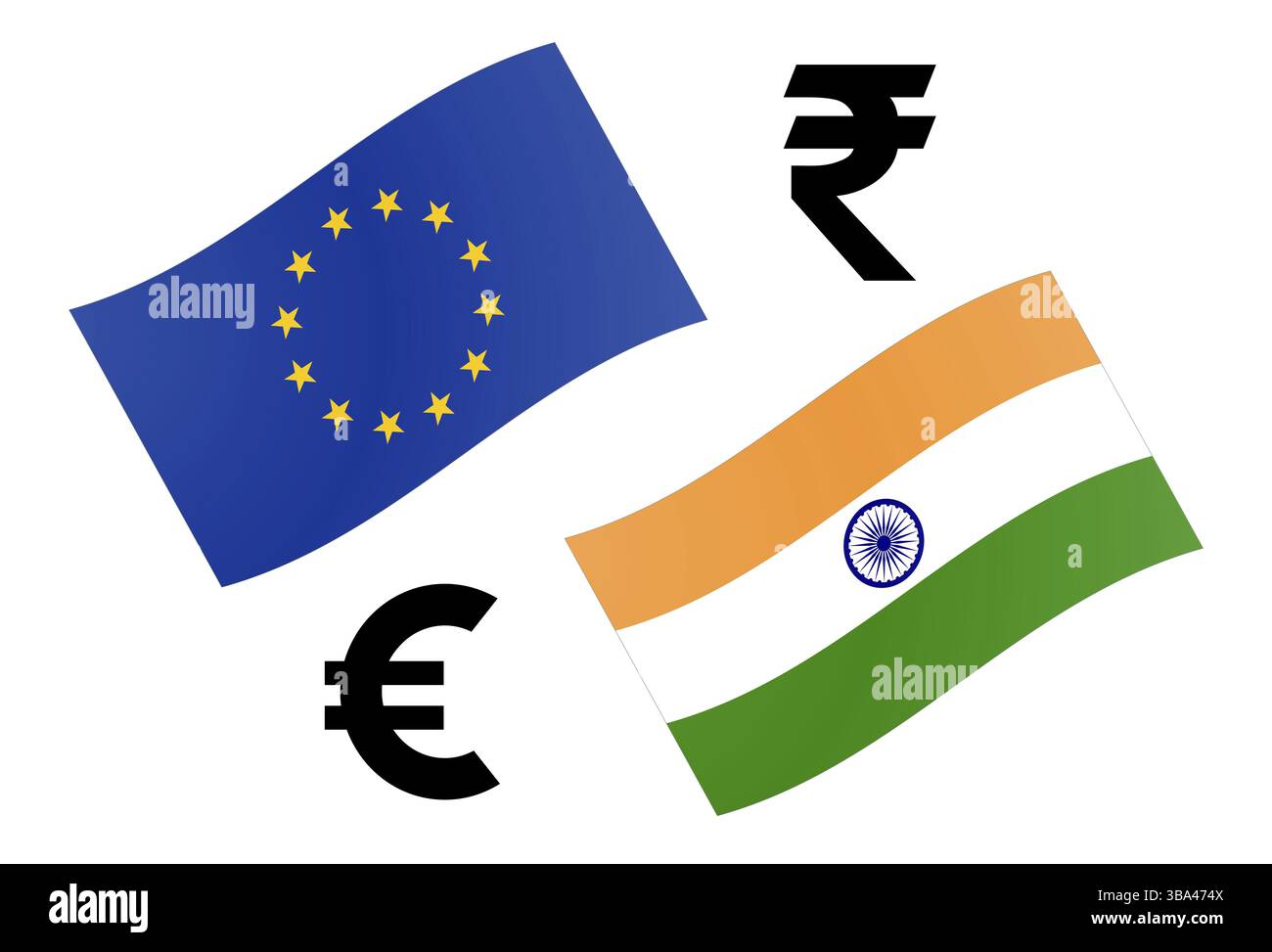 Illustrazione del vettore della coppia di valute forex EURINR. Bandiera dell'Unione europea e dell'India, con il simbolo dell'euro e della rupia indiana Foto Stock