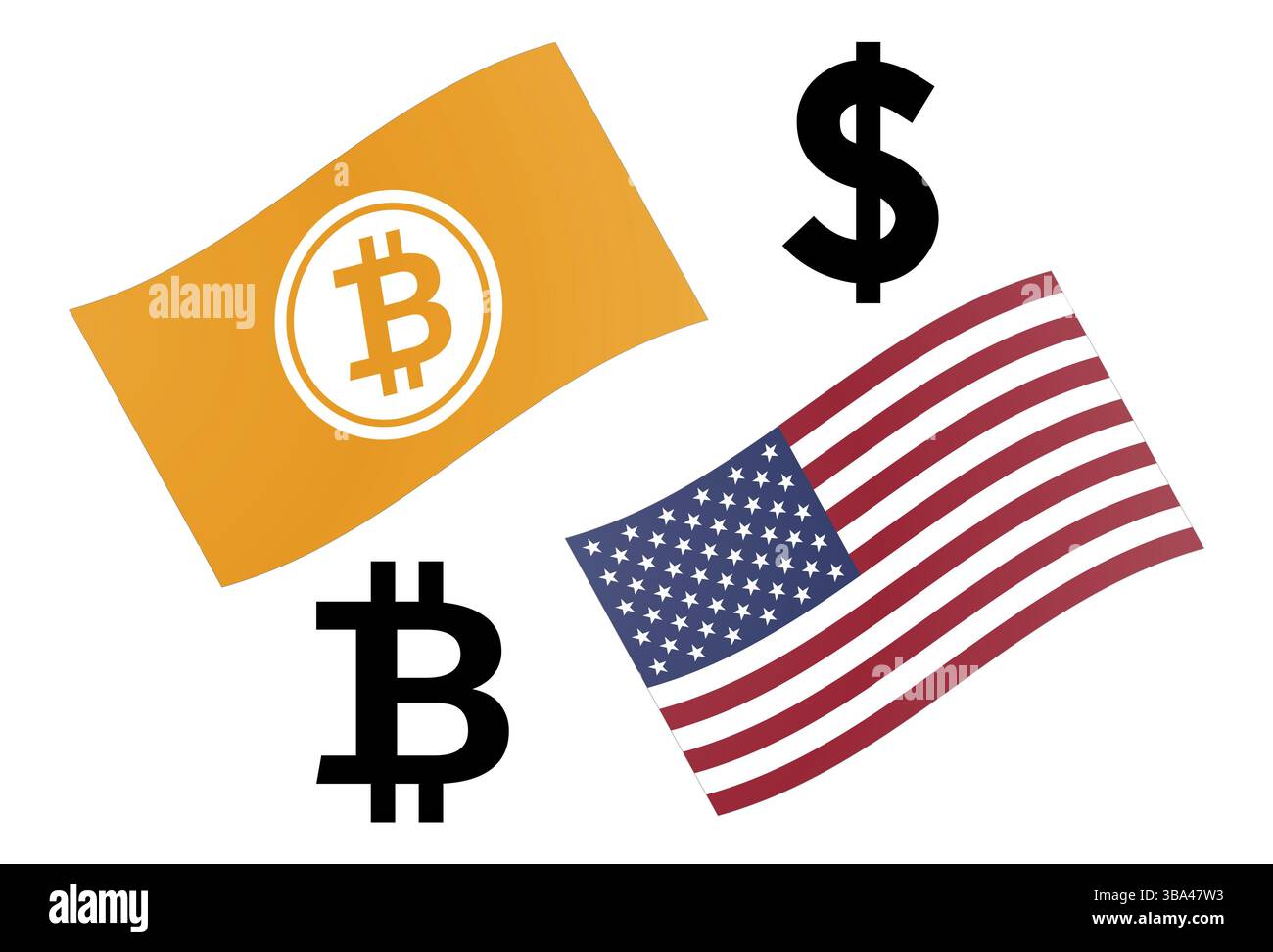 Illustrazione vettoriale della coppia di valute forex BTCUSD. Bitcoin e bandiera degli Stati Uniti, con il simbolo BTC e Dollaro Foto Stock