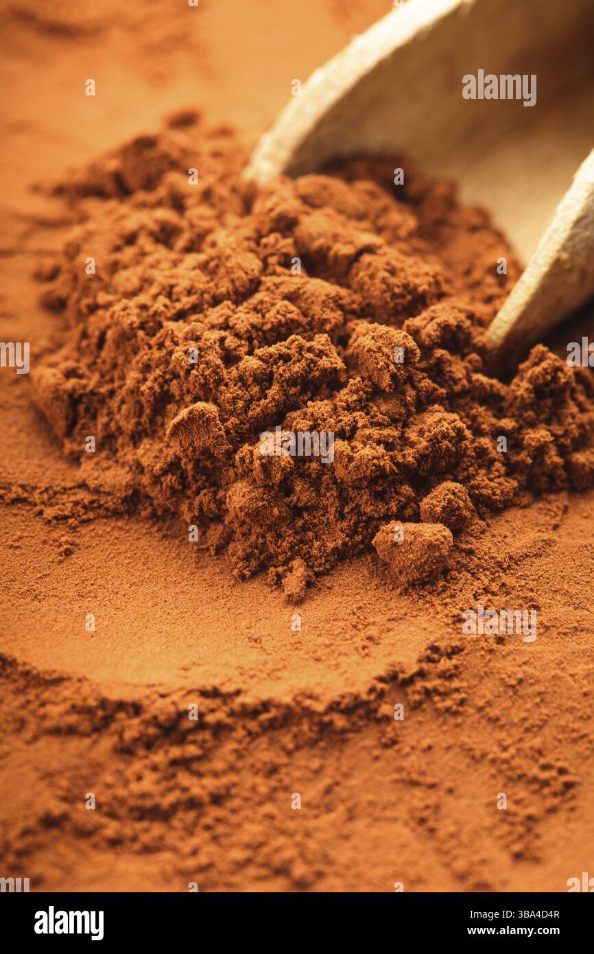 Coppetta di cioccolato in polvere e paletta di legno da vicino Foto Stock