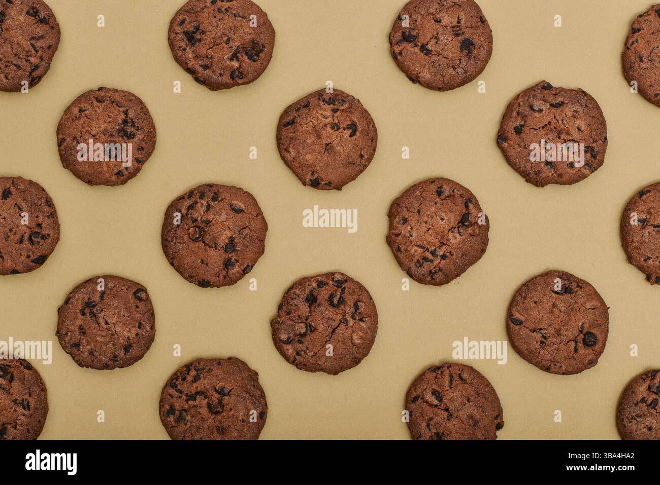 Schema dei cookie su sfondo cartaceo. Vista dall'alto dei biscotti con scaglie di cioccolato Foto Stock