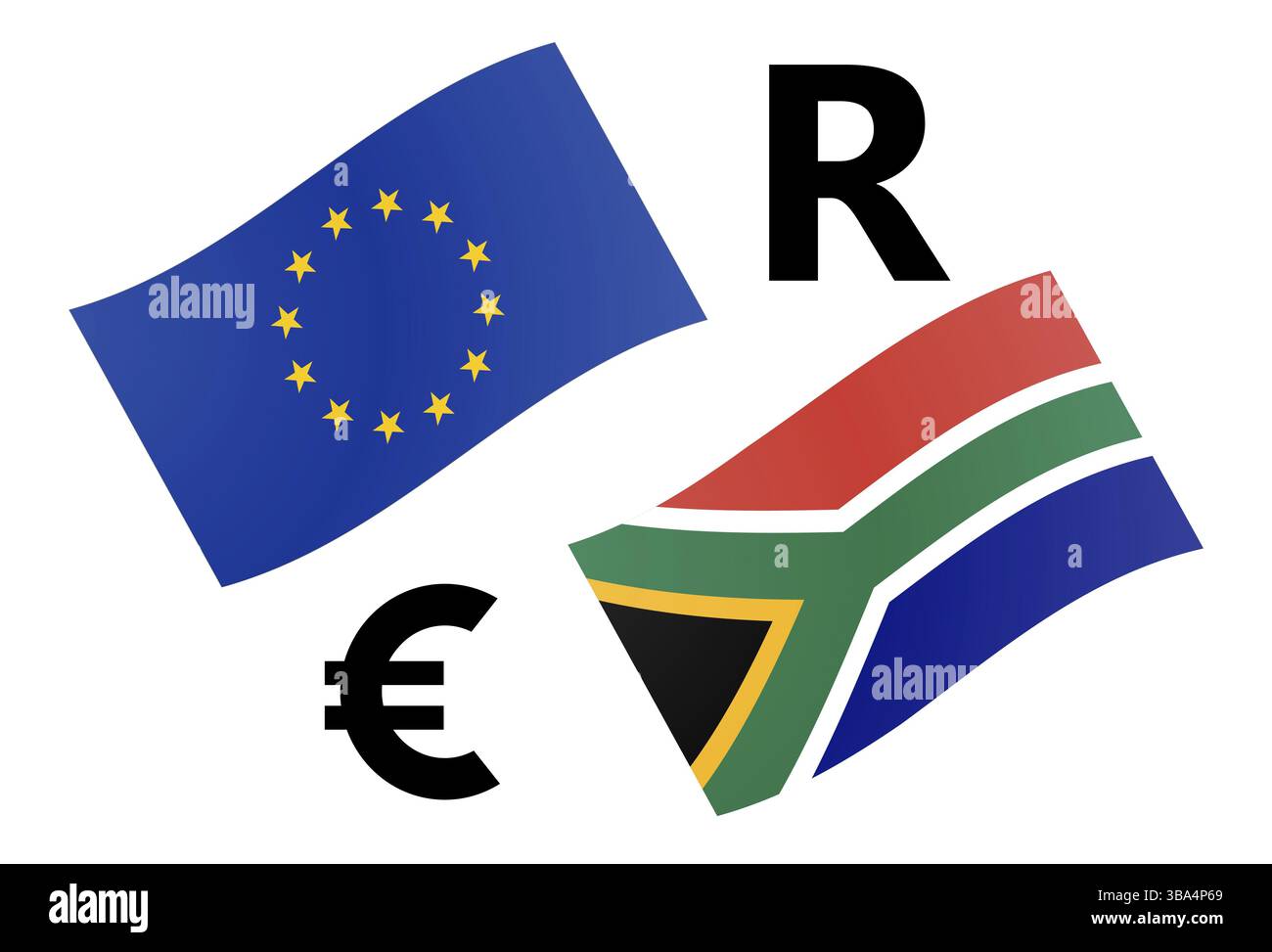 Illustrazione vettoriale della coppia di valute forex EURZAR. Bandiera dell'UE e del Sudafrica, con il simbolo dell'euro e del Rand Foto Stock