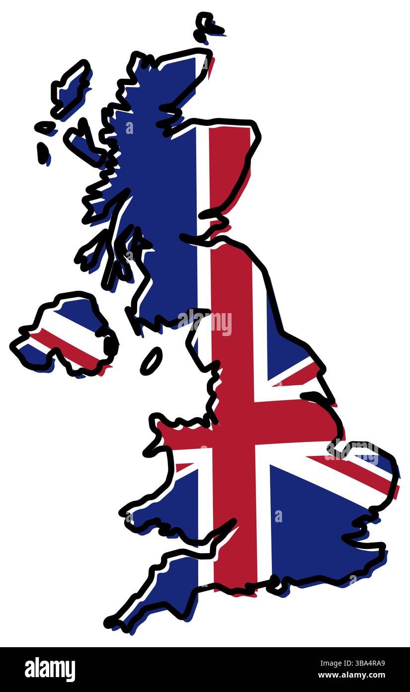 Mappa semplificata del profilo del Regno Unito, con sotto la bandiera leggermente piegata Union Jack Foto Stock
