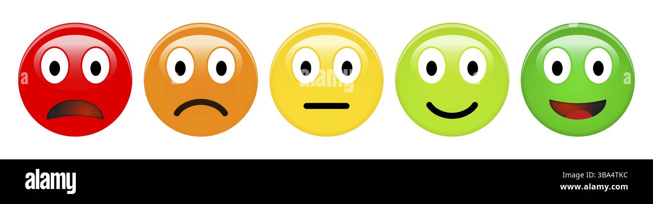 Scala di valutazione del feedback di emoticon rosso, arancione, giallo e verde, icone Smiley 3d in diversi colori Foto Stock