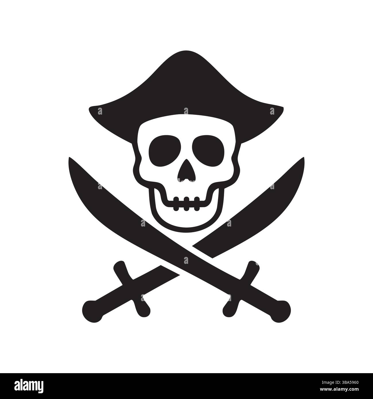 Emblema nero e bianco del teschio dei pirati con un cappello da capitano e spade incrociate. Un design essenziale e minimalista. Illustrazione Vettoriale
